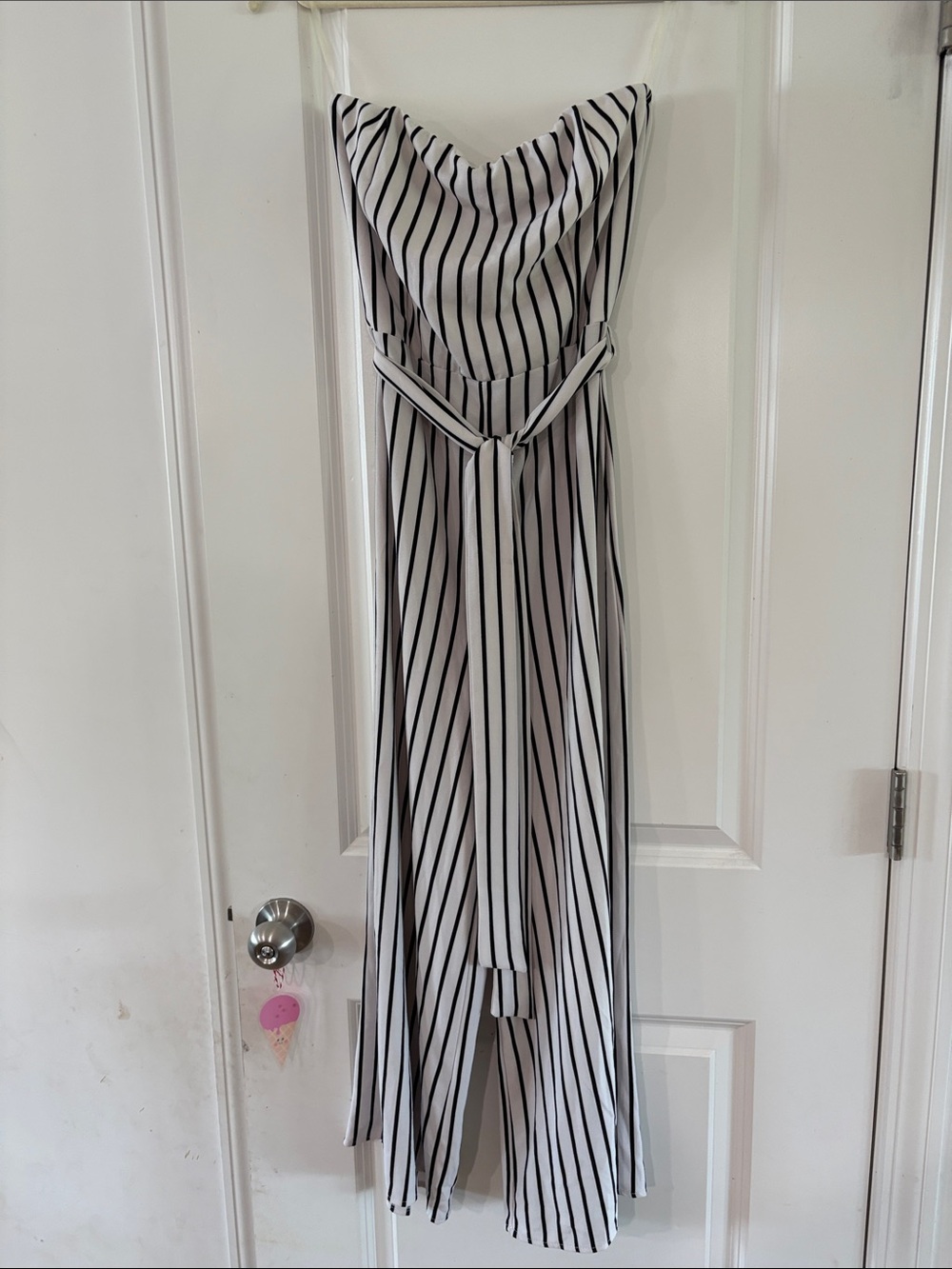 Black & White Strapless Vertical-Stripe Jumpsuit with Tie Waist